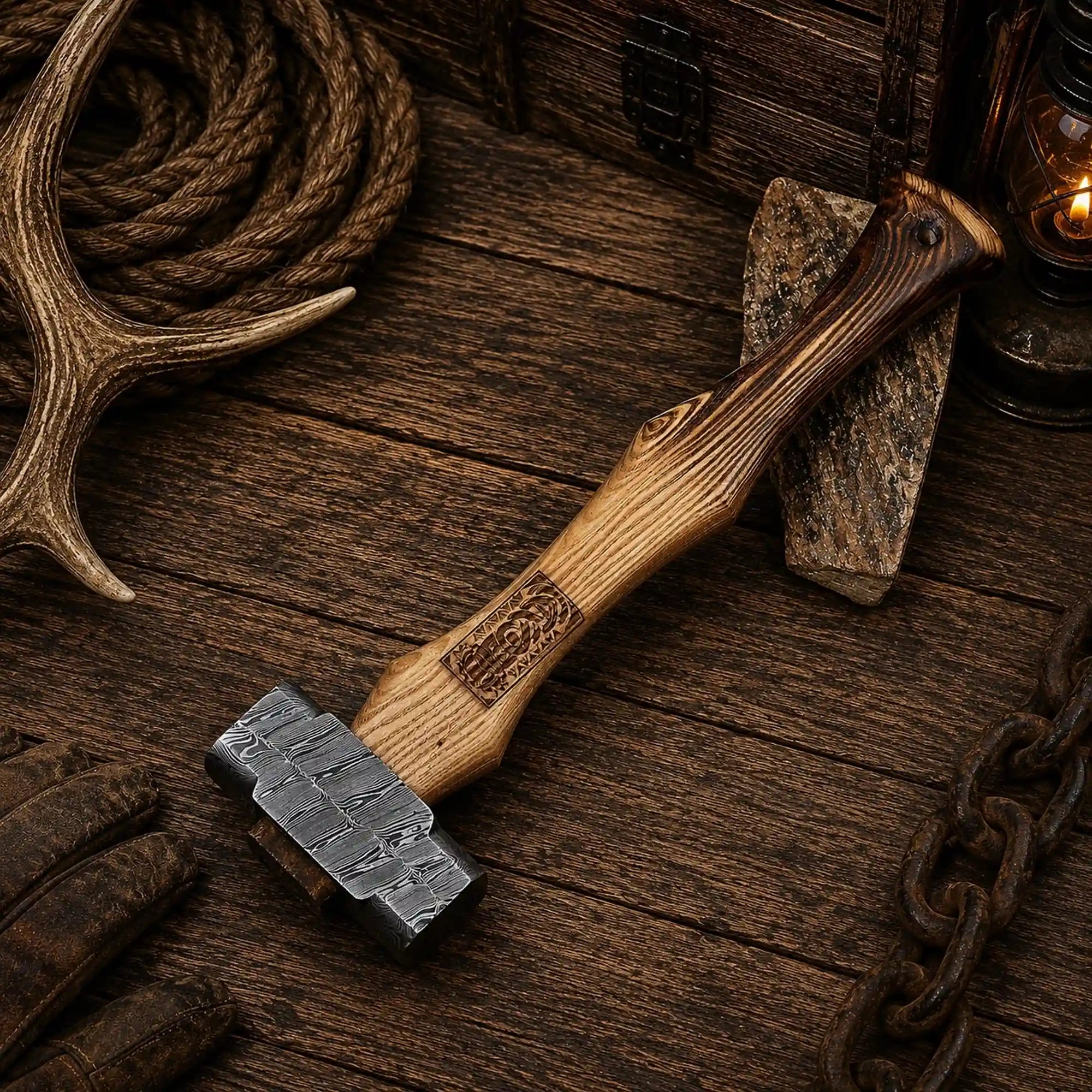 Handmade rectangular Damascus hammer head with layered steel pattern