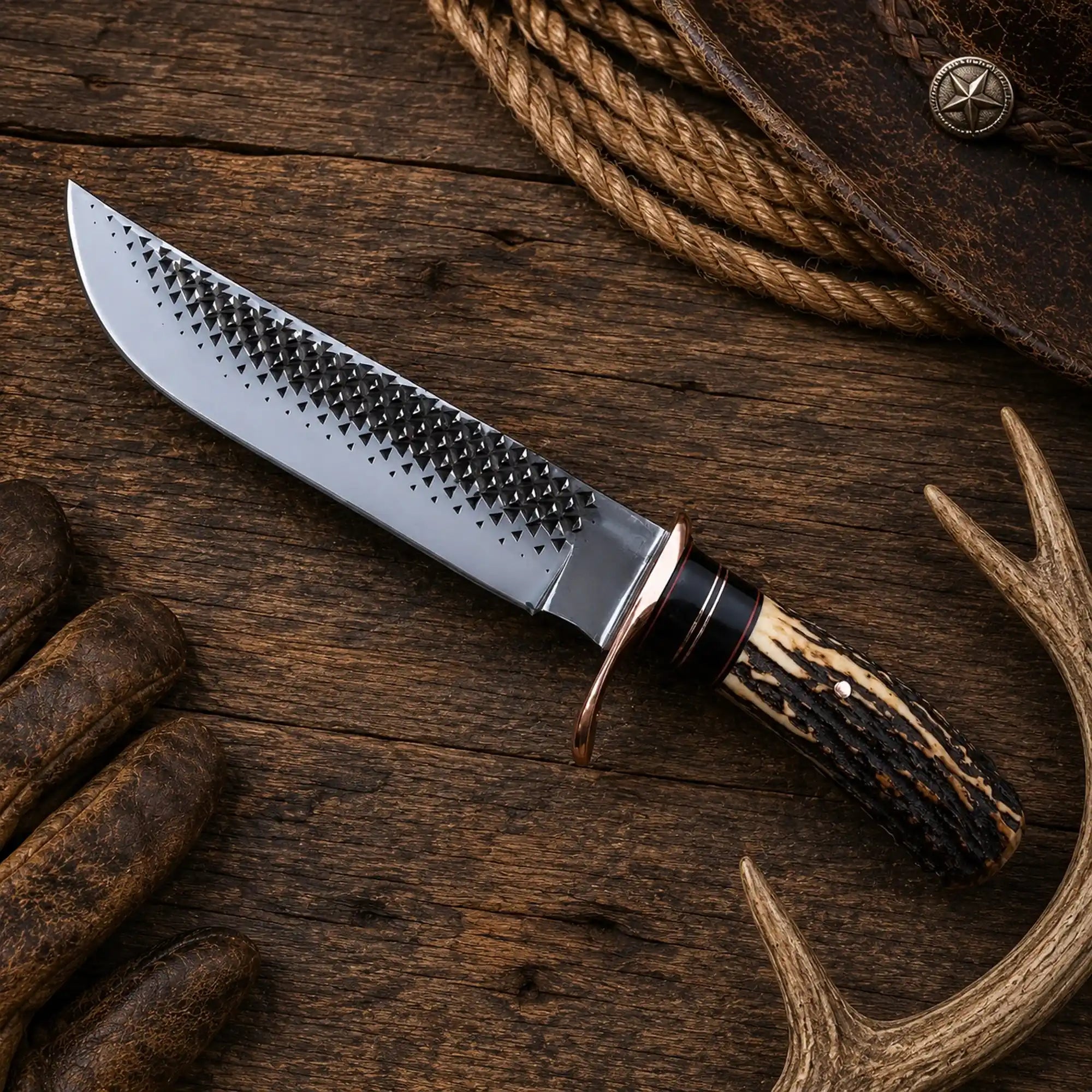 16-inch Iron Ridge Bowie knife with rasp-steel blade and antler handle