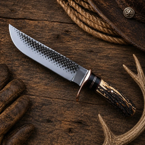 16-inch Iron Ridge Bowie knife with rasp-steel blade and antler handle