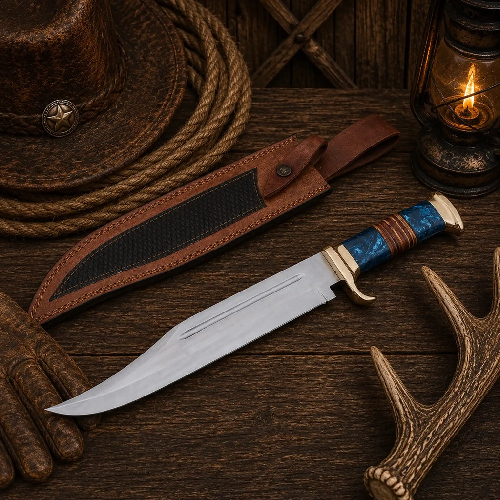 Seventeen-inch Bowie knife with a twelve-inch satin D2 blade