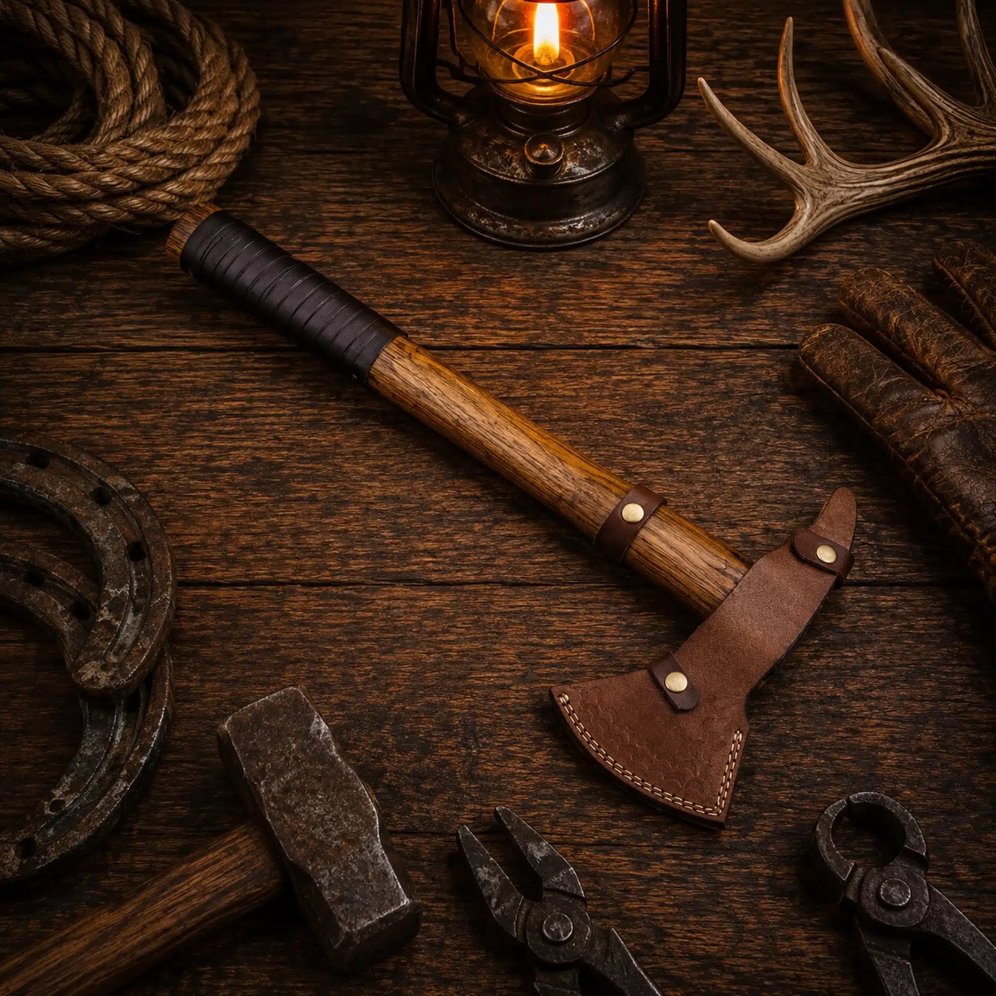 18 inch handmade tomahawk axe with leather wrapped rosewood handle