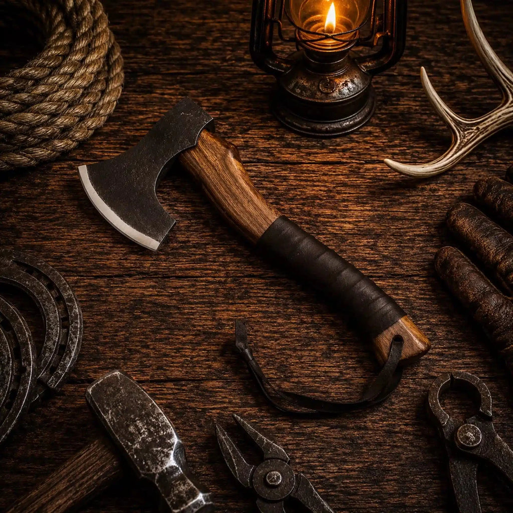 18 inch handmade tomahawk with 5 inch cutting edge and leather wrapped grip