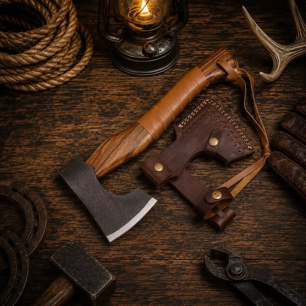 18 inch handmade tomahawk with 5 inch cutting edge and leather wrapped grip