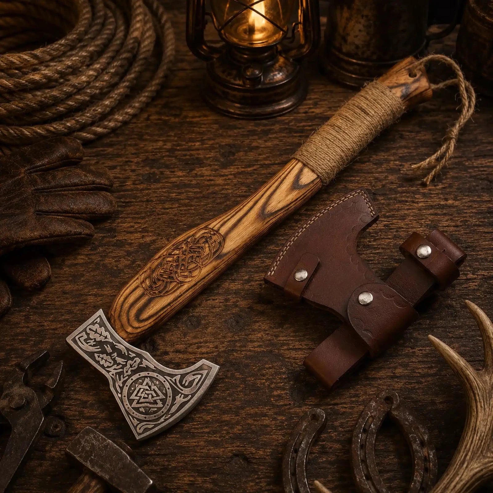 18 inch Viking axe with Celtic engraving and rope wrapped grip