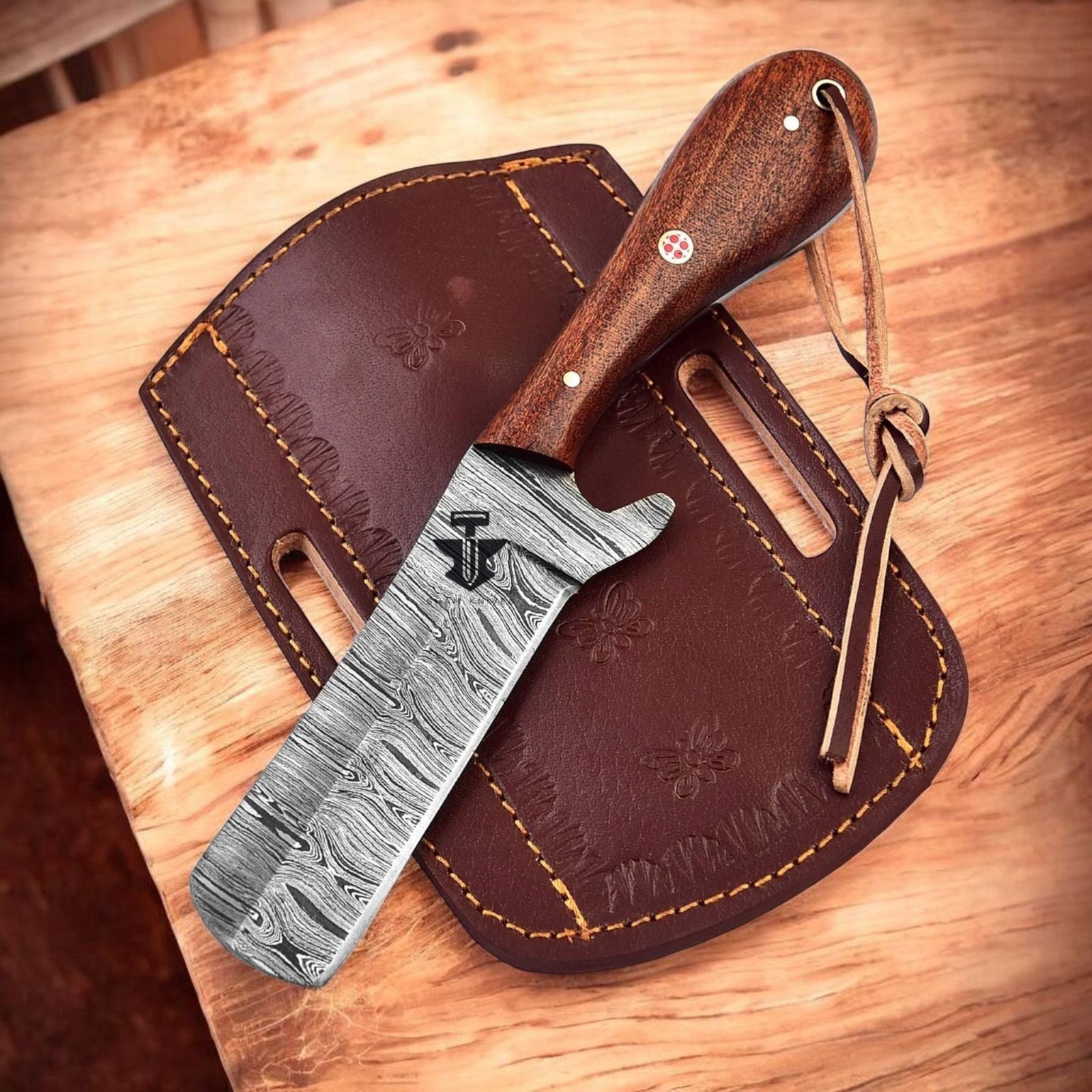 Hand Forged Damascus Steel Bull Cutter Knife with Rosewood Handle