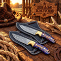 2 pcs Purple Sage Damascus Cowboy Knife – Pine Cone Handle with belt leather sheath - SHAM KNIVESCowboy KnifeSHAM KNIVES2 pcs Purple Sage Damascus cowboy knife set with pine cone handles