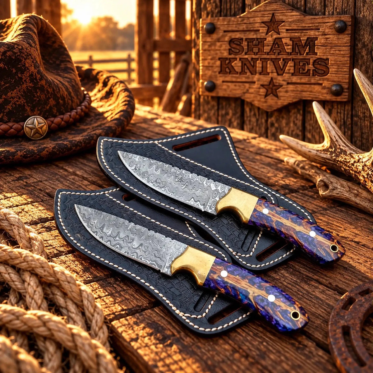 2 pcs Purple Sage Damascus Cowboy Knife – Pine Cone Handle with belt leather sheath - SHAM KNIVESCowboy KnifeSHAM KNIVES2 pcs Purple Sage Damascus cowboy knife set with pine cone handles