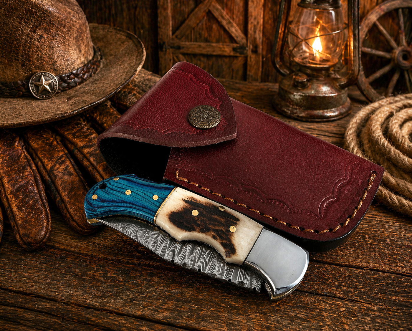 engraved damascus folding knife stag horn handle