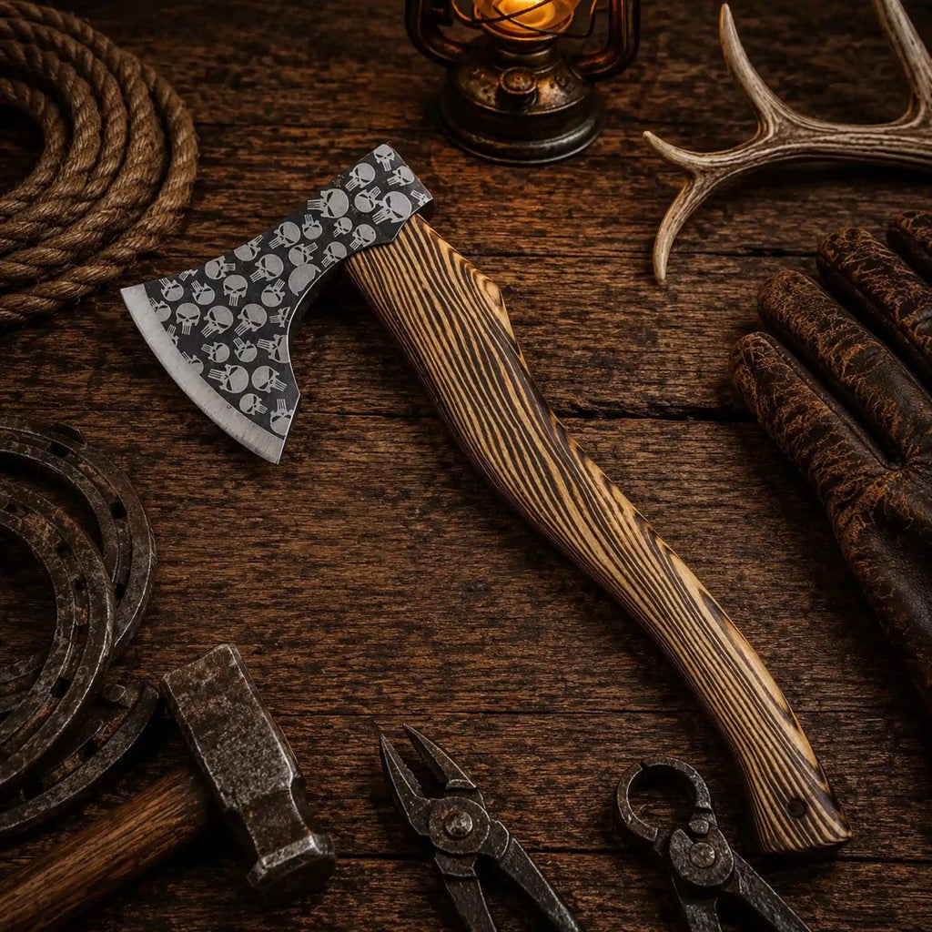 Handmade Viking hatchet with 5 inch blade and burnt ash wood handle