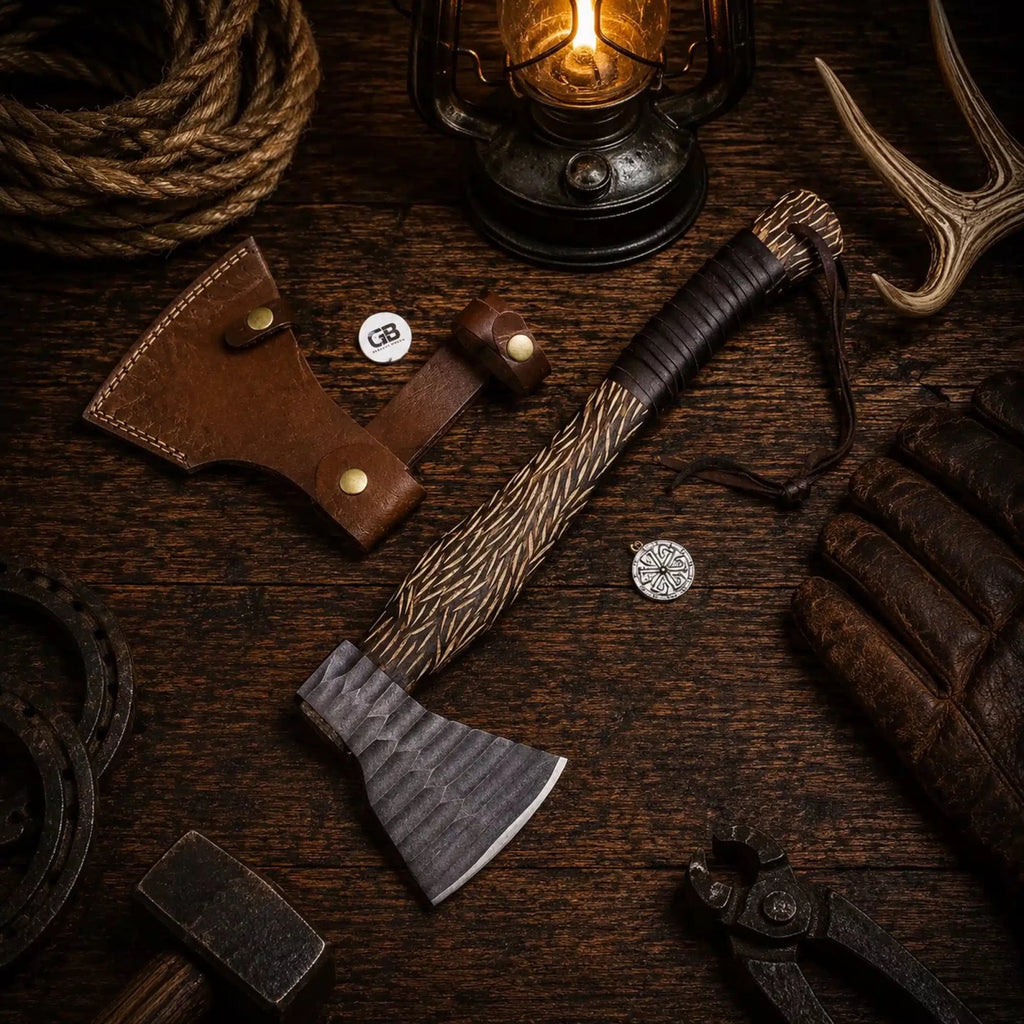 20 inch hammered hand forged carbon steel Viking tomahawk axe and belt sheath