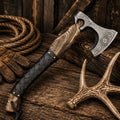 Handmade 21-inch Viking bearded axe with engraved 1095 steel blade and leather-wrapped hardwood handle.