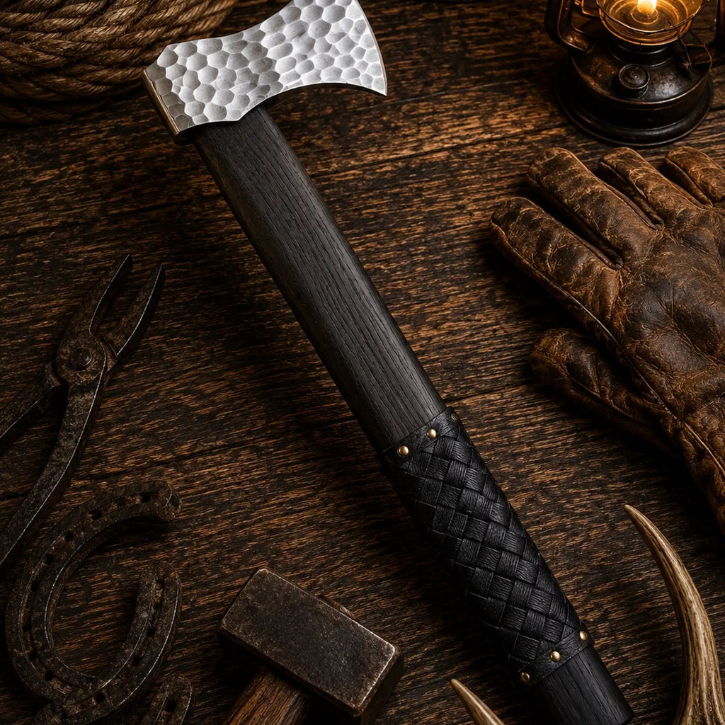 Viking axe with hammered steel head and woven black leather grip