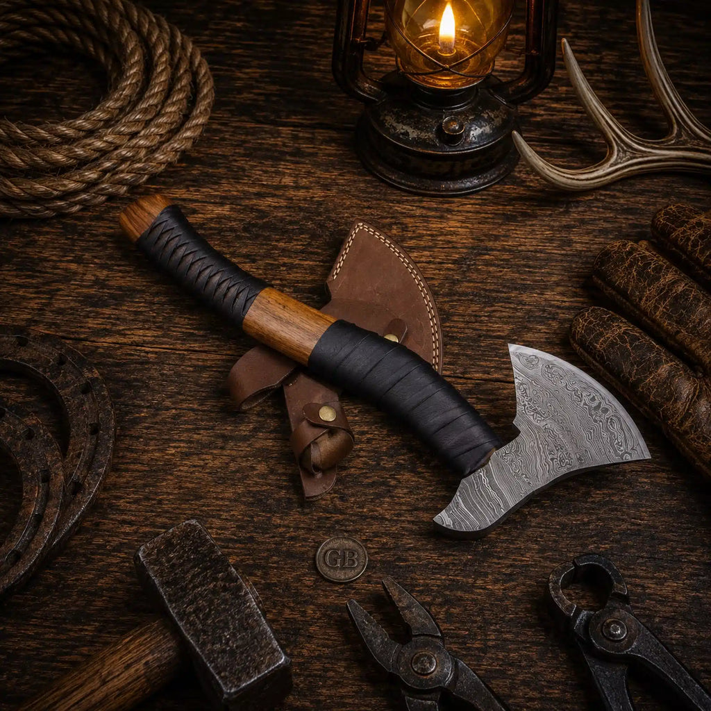 22 inch Damascus tomahawk axe with patterned steel head
