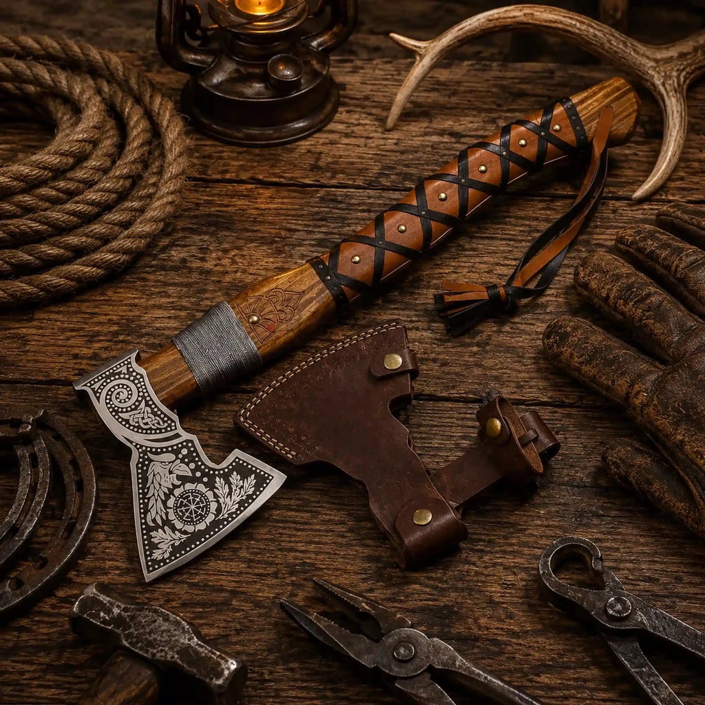 22 inch hand forged carbon steel Viking tomahawk axe with rose wood  handle and field leather sheath