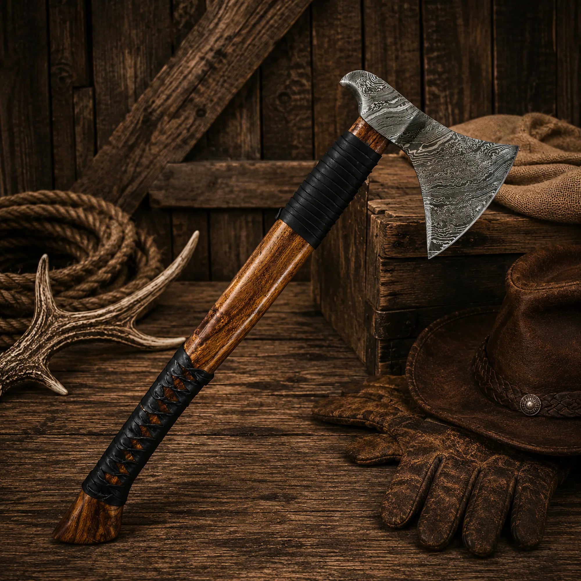 Handmade 23-inch Viking axe with Damascus steel blade and leather-wrapped wood handle.