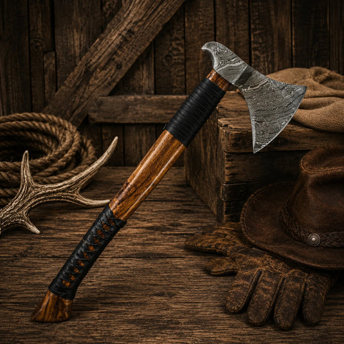 Handmade 23-inch Viking axe with Damascus steel blade and leather-wrapped wood handle.