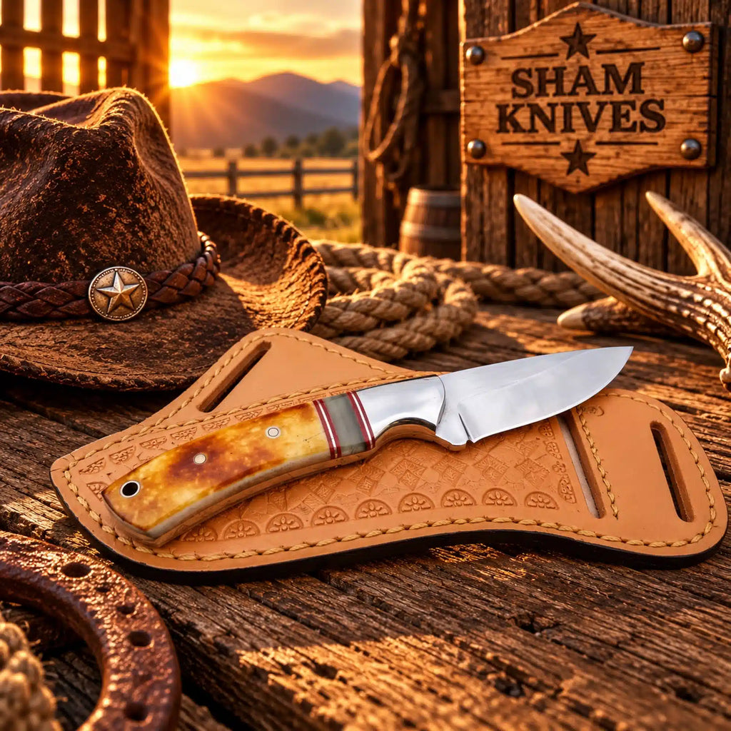 Bright finished 3.75-inch D2 steel blade with a curved cutting edge and polished bolster
