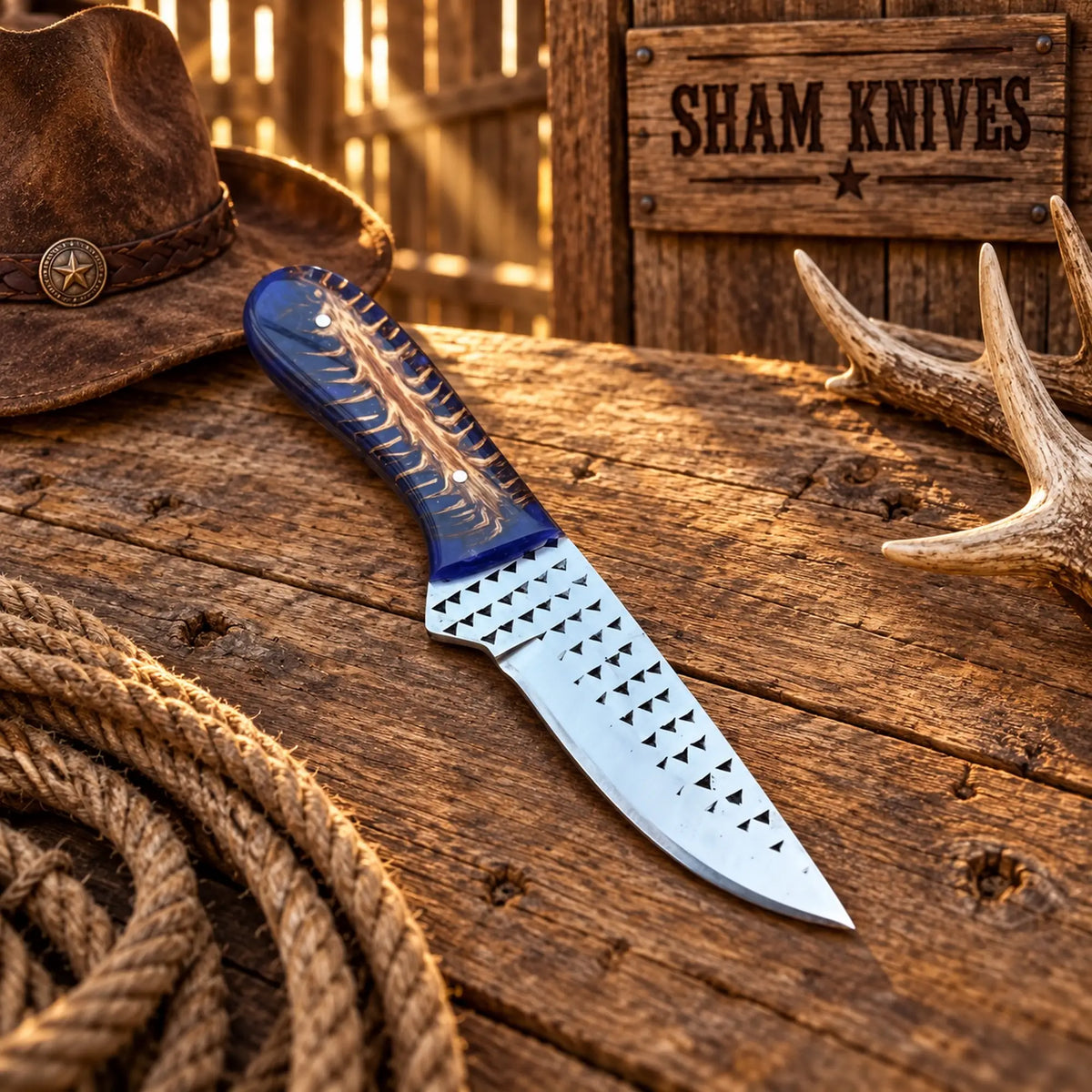 Skinning knife featuring a 3.75-inch rasp steel blade