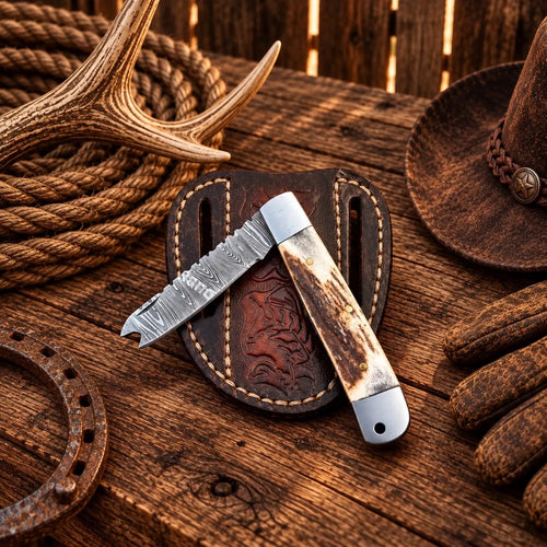 3-Inch Cowboy Damascus Trapper Folding Knife – Stag Horn Handle & Sheath - SHAM KNIVESTrapper KnifeSHAM KNIVESCowboy Damascus trapper folding knife with natural stag horn handle