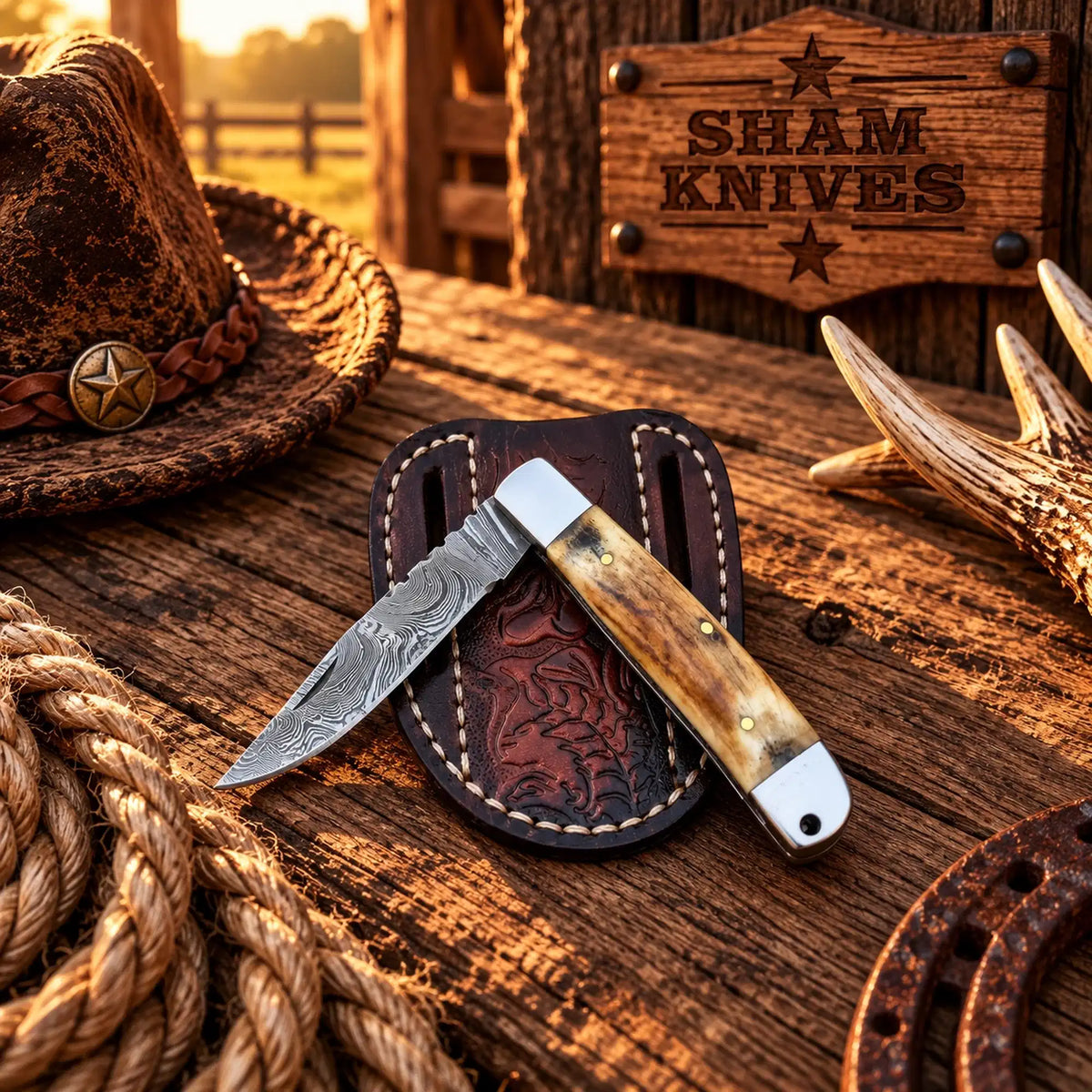 3-inch Damascus trapper folding knife with natural stag horn handle