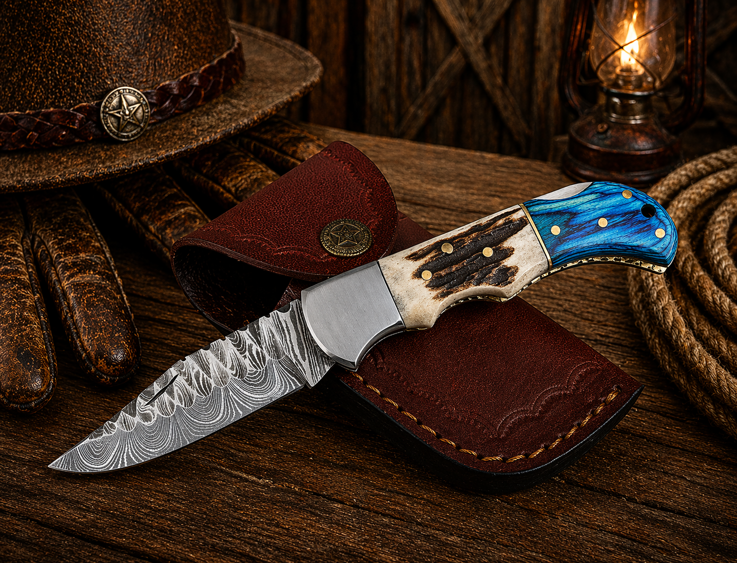 damascus steel folding knife western style leather pouch
