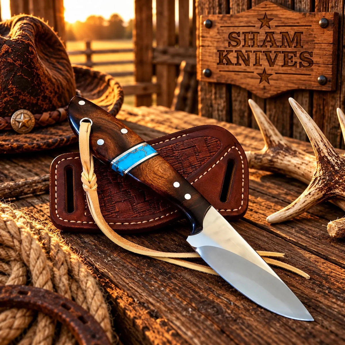 3.5” D2 Cowboy Ranch Hunting Knife - Rosewood Handle with Cross Draw Leather Sheath - SHAM KNIVESCowboy KnifeSHAM KNIVESD2 cowboy ranch hunting knife with rosewood handle