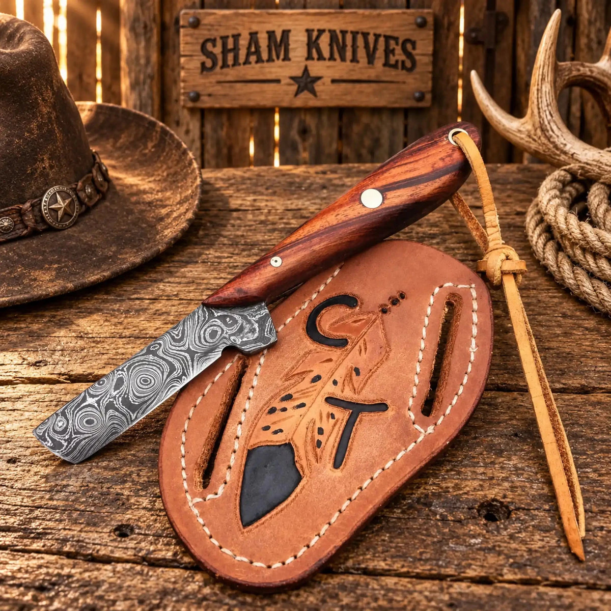 3.5" Damascus Steel Bull Cutter Knife with Rose Wood Handle & Pancake Belt Sheath - SHAM KNIVESBull cutterSHAM KNIVESDamascus Bull cutter knife with leather pancake belt sheath