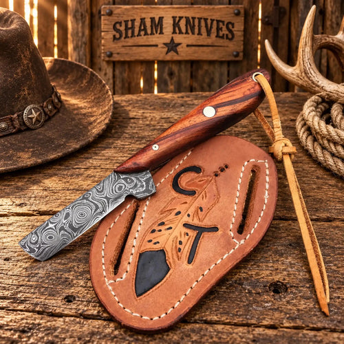 3.5" Damascus Steel Bull Cutter Knife with Rose Wood Handle & Pancake Belt Sheath - SHAM KNIVESBull cutterSHAM KNIVESDamascus Bull cutter knife with leather pancake belt sheath