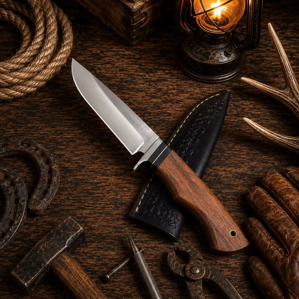440C hunting knife with polished blade and natural rosewood handle
