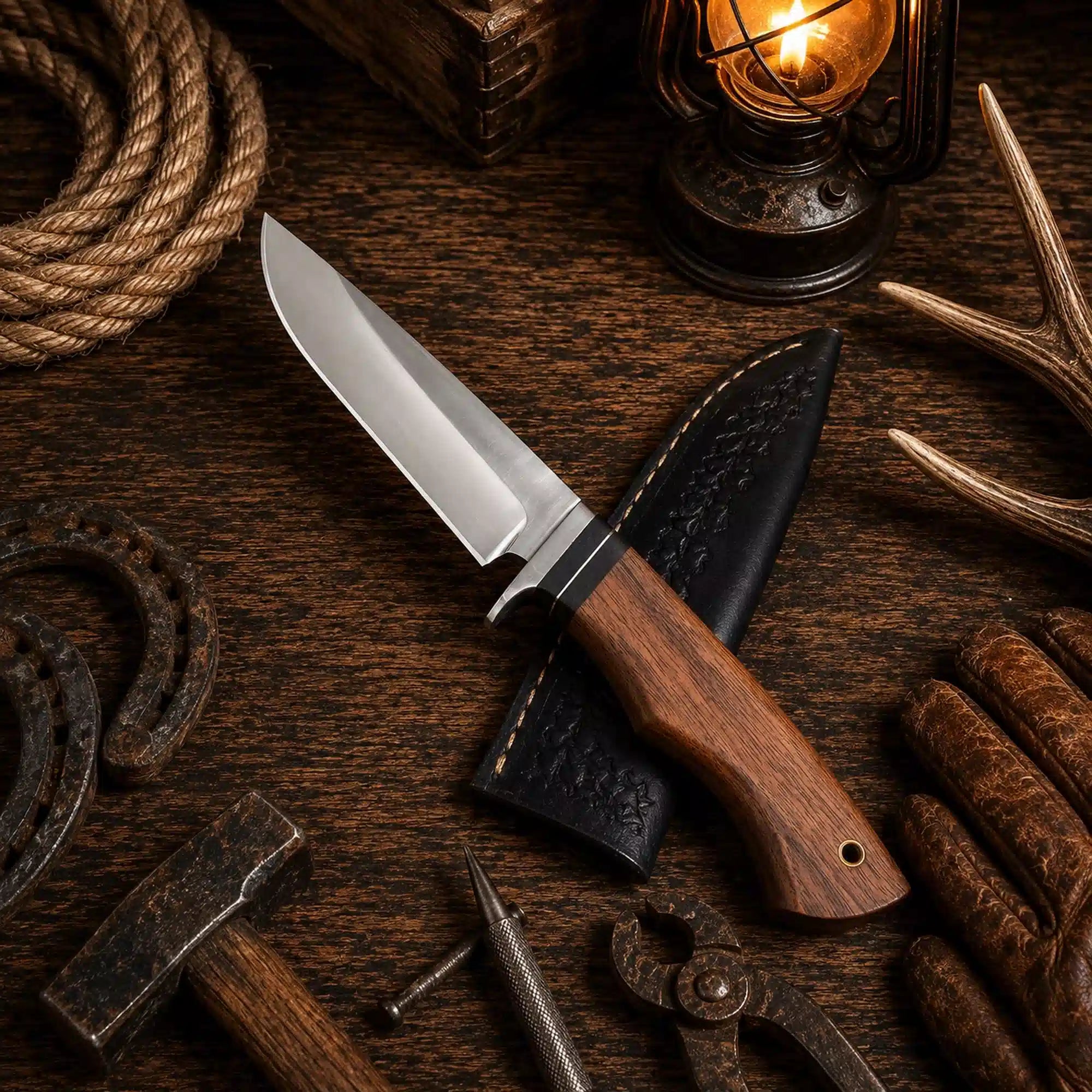 440C hunting knife with polished blade and natural rosewood handle