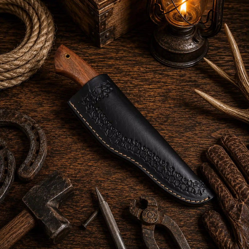 10 inch 440C camping fixed blade knife with black leather sheath