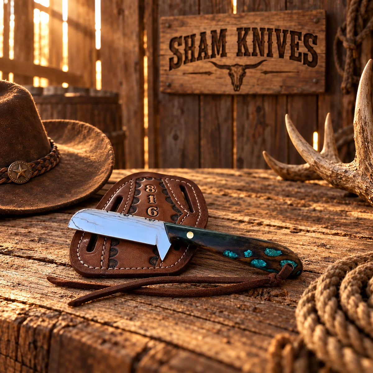 Polished 440C steel cowboy knife displayed with leather sheath