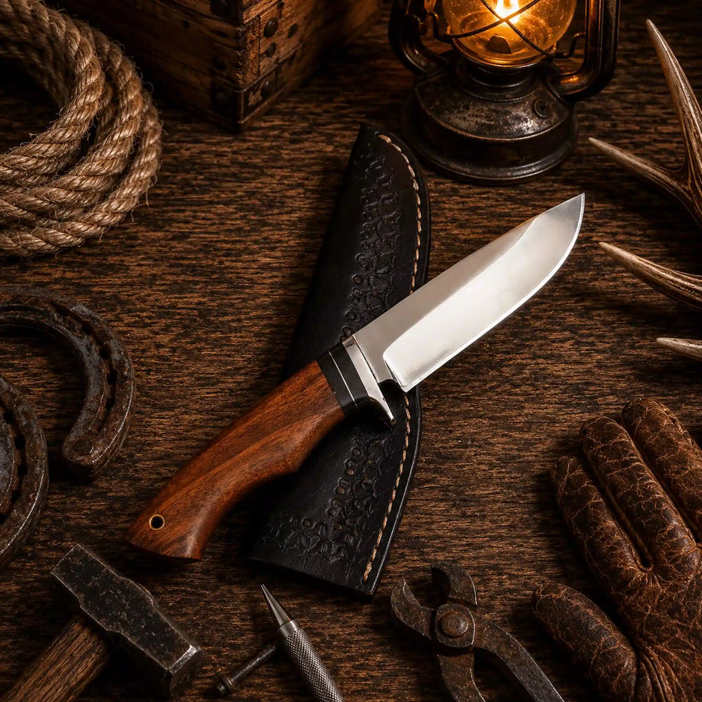 440C steel fixed blade outdoor camping hunting knife with leather sheath