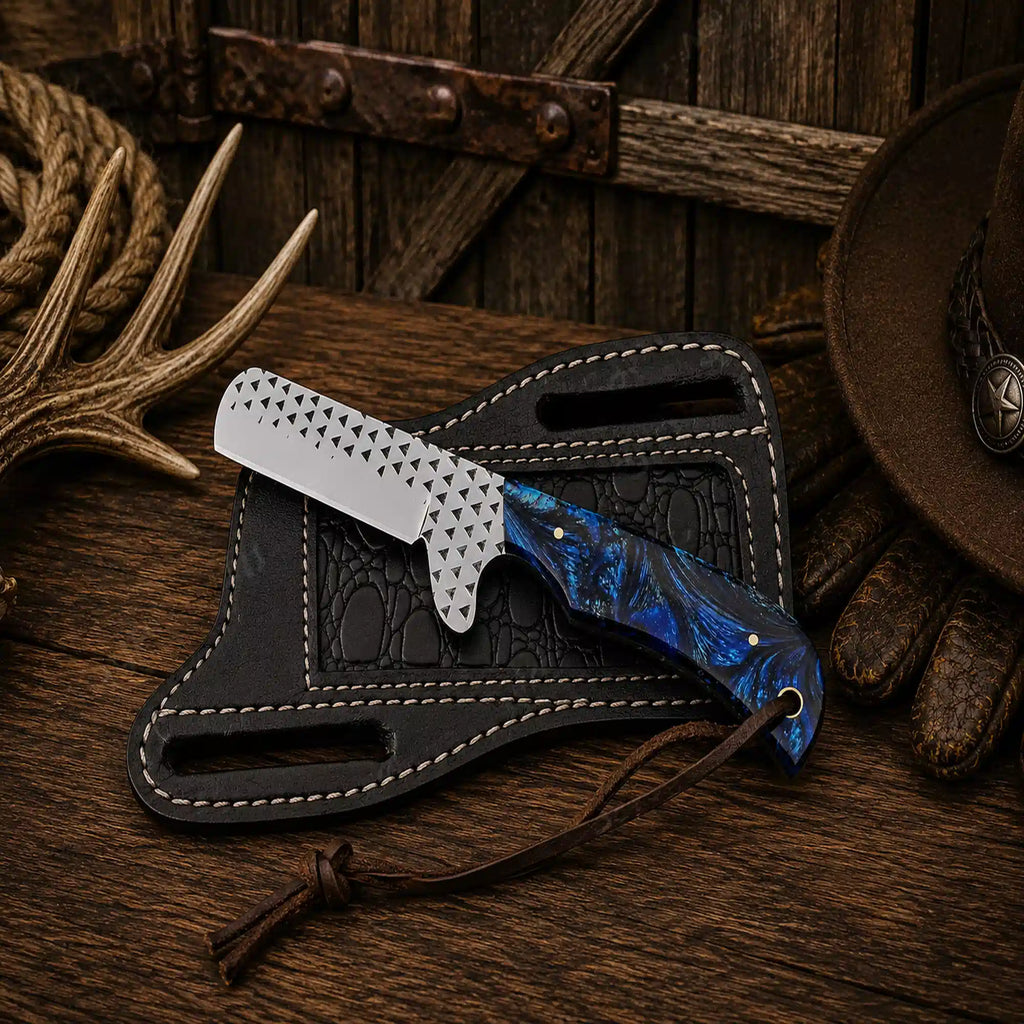 Handmade Rasp File D2 Steel Bull Cutter Knife with blue epoxy resin handle and premium pancake leather sheath