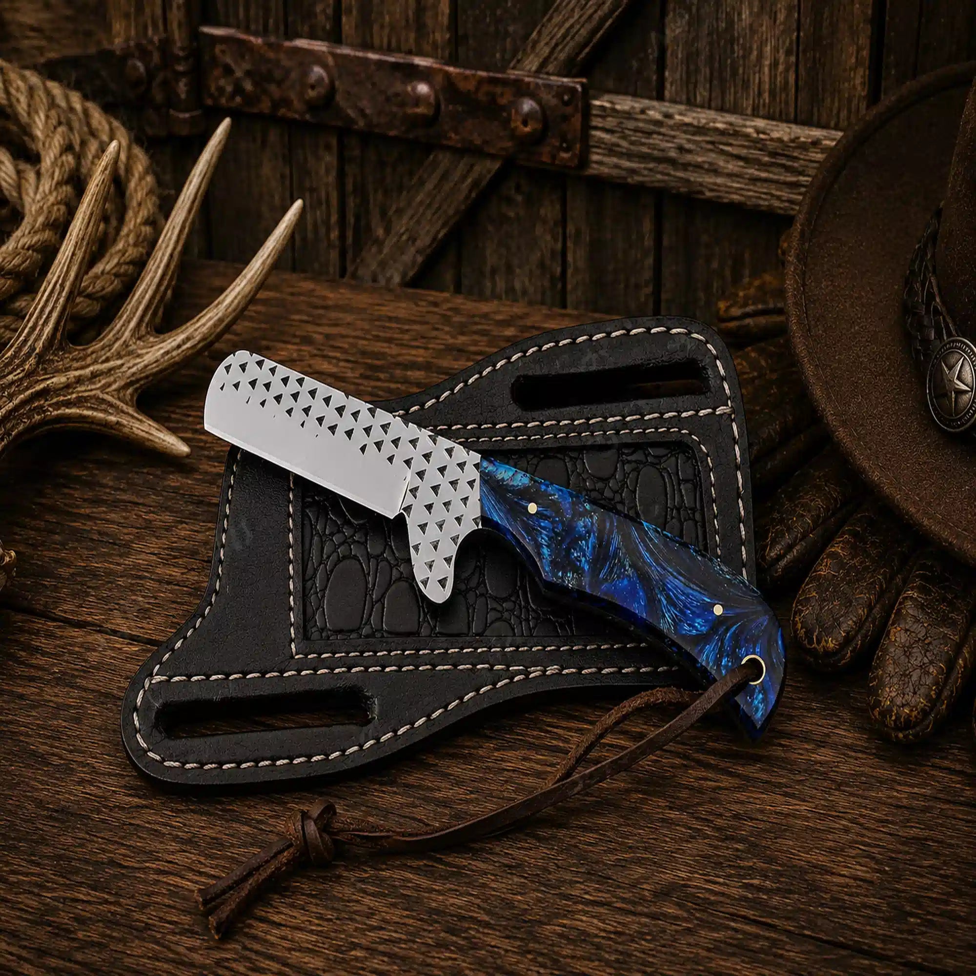 Handmade Rasp File D2 Steel Bull Cutter Knife with blue epoxy resin handle and premium pancake leather sheath