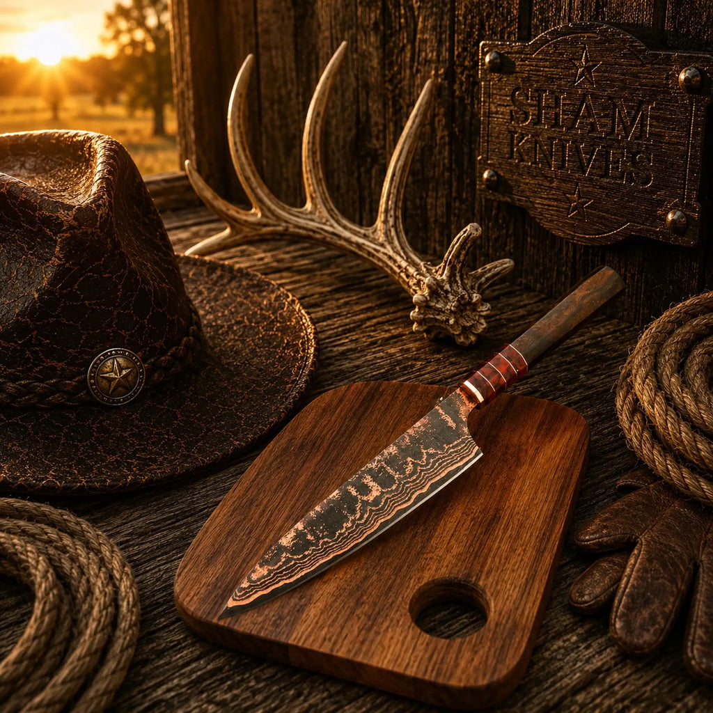 8-inch Copper Damascus chef knife blade with flowing layered pattern