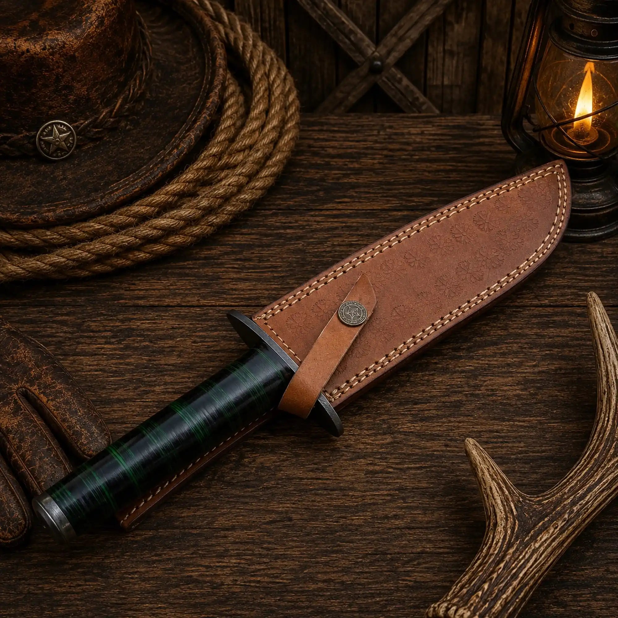 Clip-point Damascus Bowie knife with a long decorative fuller