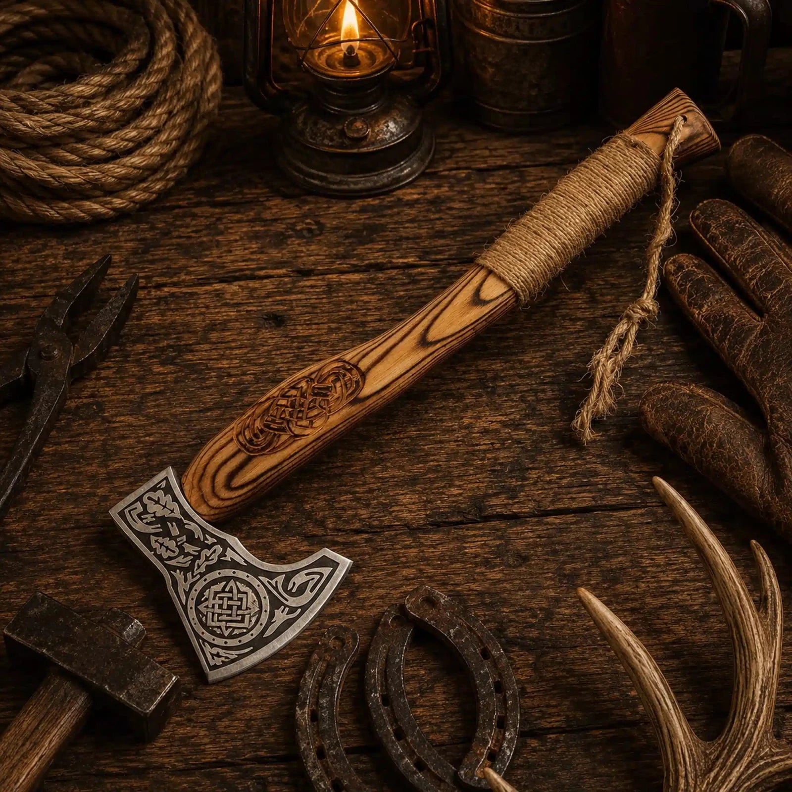 Norse bearded axe with burnt ash wood handle and leather sheath