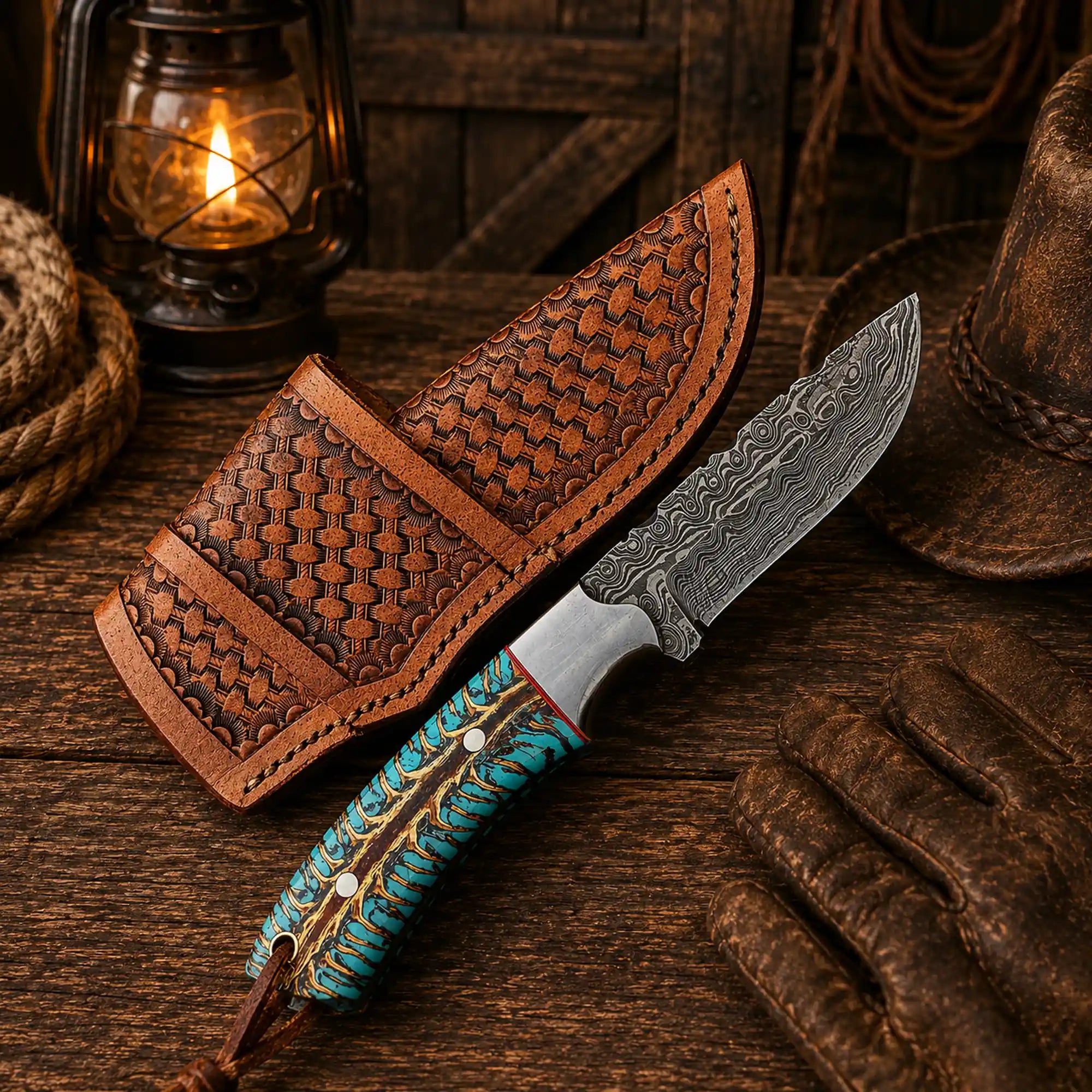 Custom western carry knife featuring Damascus blade and pinecone handle