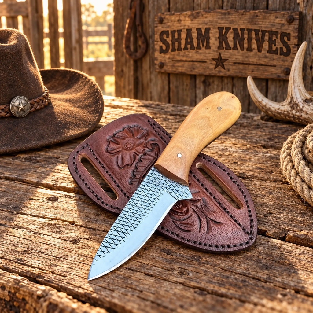 SHAM Knives rasp steel skinner with floral-tooled leather sheath