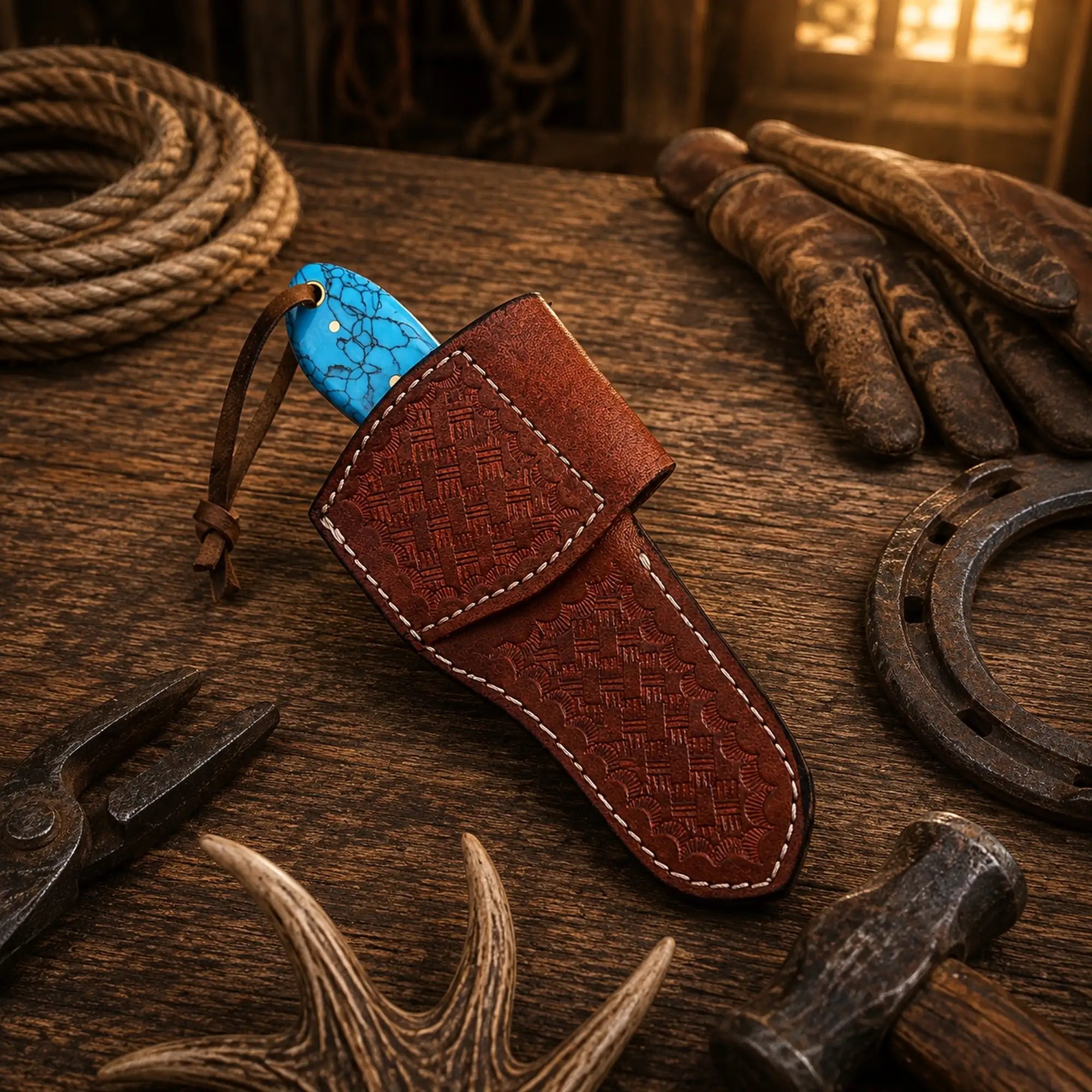 Western fixed blade Damascus hunting knife featuring a turquoise stone handle and leather belt sheath.