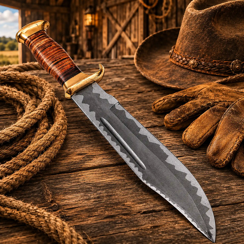 Large 440C steel Bowie knife with leather spacer handle and brass guard