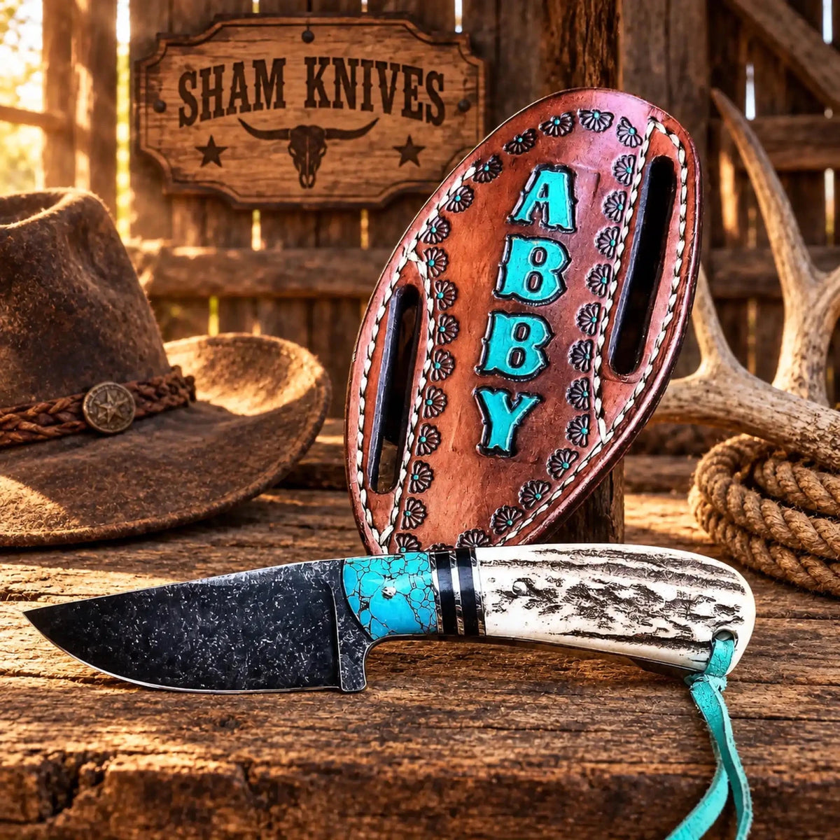 All-Rounder Cowboy Knife – 4" D2 Steel, Antler & Turquoise Handle - SHAM KNIVESCowboy KnifeSHAM KNIVESCowboy knife with antler and turquoise-accented handle and pancake belt leather sheath