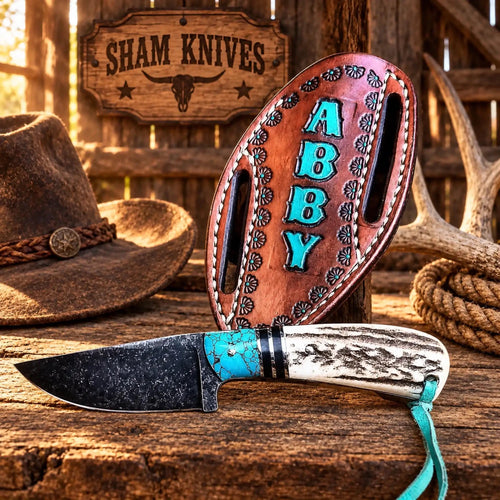 All-Rounder Cowboy Knife – 4" D2 Steel, Antler & Turquoise Handle - SHAM KNIVESCowboy KnifeSHAM KNIVESCowboy knife with antler and turquoise-accented handle and pancake belt leather sheath