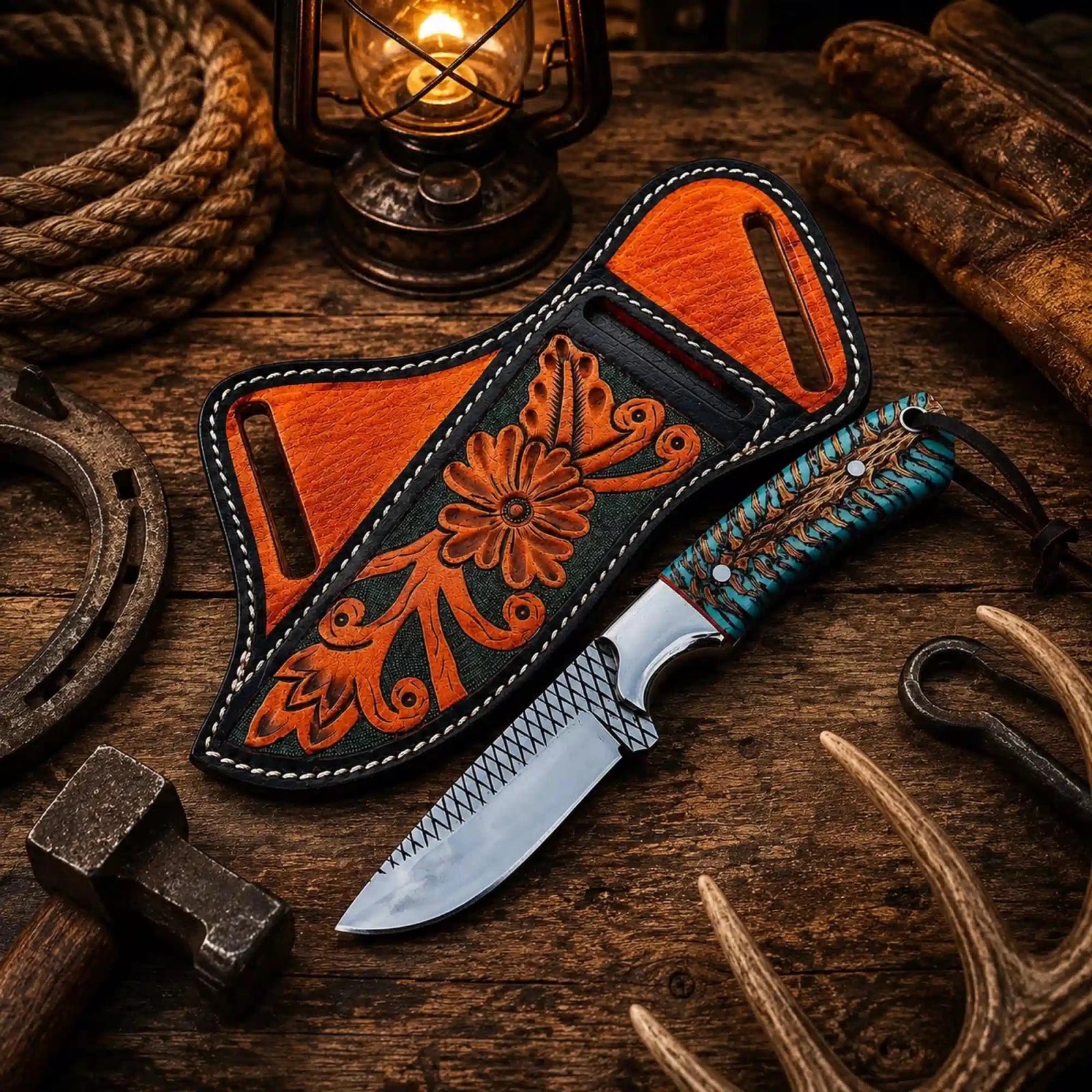 All Season cowboy working knife with rasp file steel blade and turquoise pine cone handle with floral leather sheath