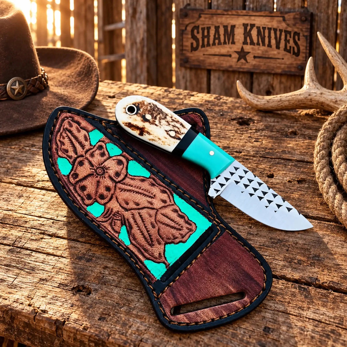 All-Season Mini Skinning Knife – Rasp Steel, Antler & Turquoise - SHAM KNIVESSkinning KnifeSHAM KNIVESMini skinning knife displayed with decorative pancake belt sheath