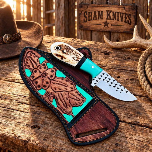 All-Season Mini Skinning Knife – Rasp Steel, Antler & Turquoise - SHAM KNIVESSkinning KnifeSHAM KNIVESMini skinning knife displayed with decorative pancake belt sheath
