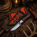 American cowboy field knife with rasp steel blade and pine cone handle with floral hand-tooled back belt sheath