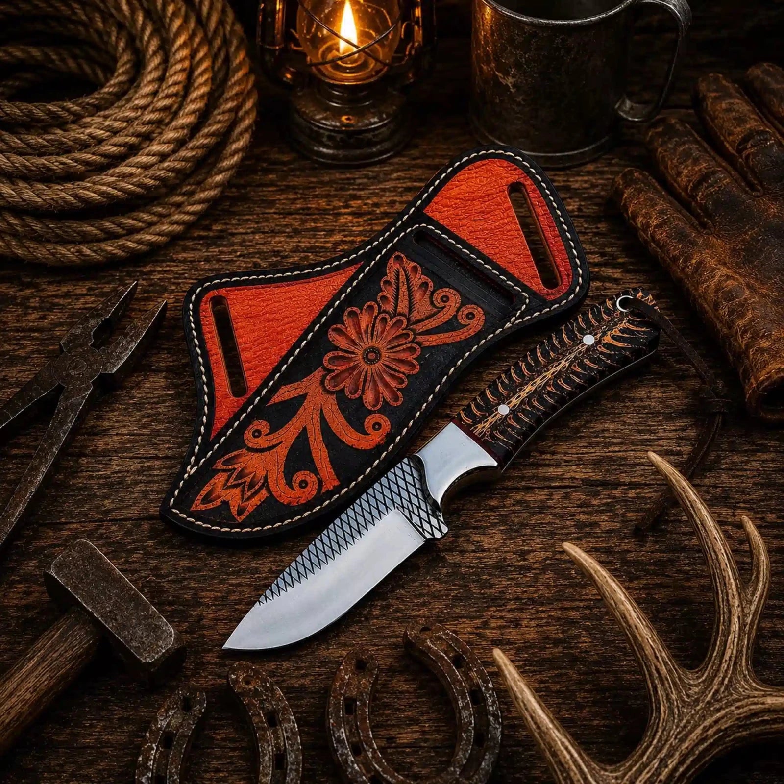 American cowboy field knife with rasp steel blade and pine cone handle with floral hand-tooled back belt sheath