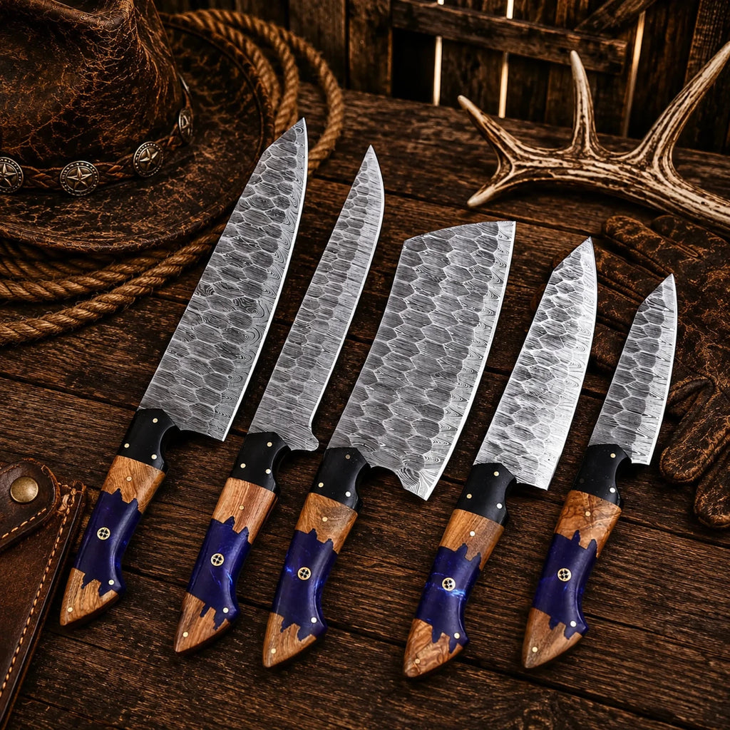 Artisan Damascus Chef Knife Set – Professional Kitchen Collection - SHAM KNIVESkitchen knifesSHAM KNIVESProfessional Damascus kitchen knife collection with G10 bolsters.